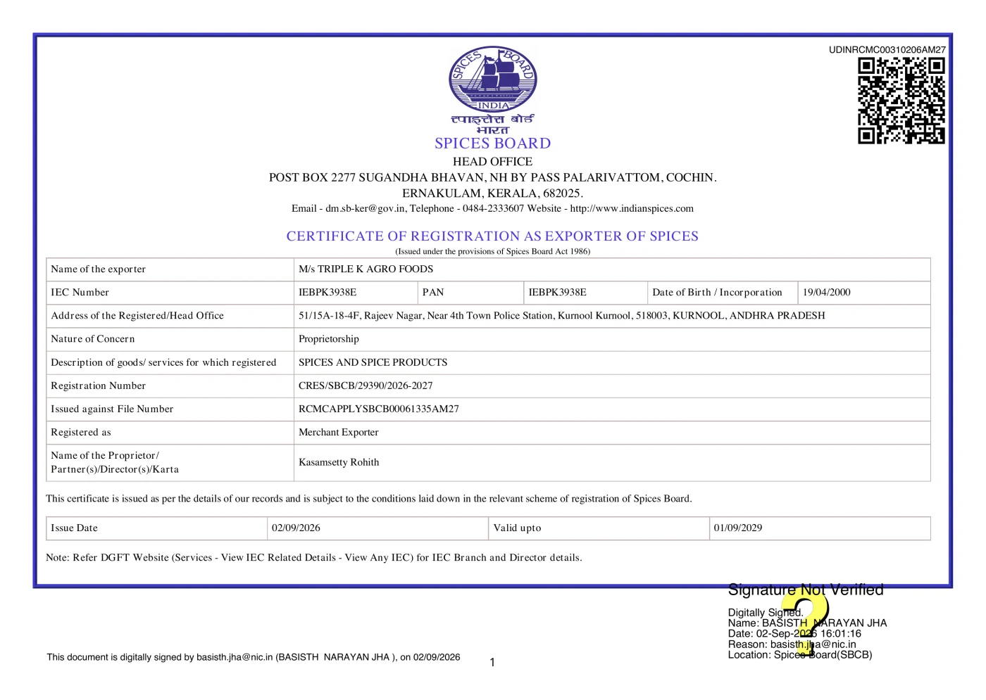 Spices Board Registration — page 1