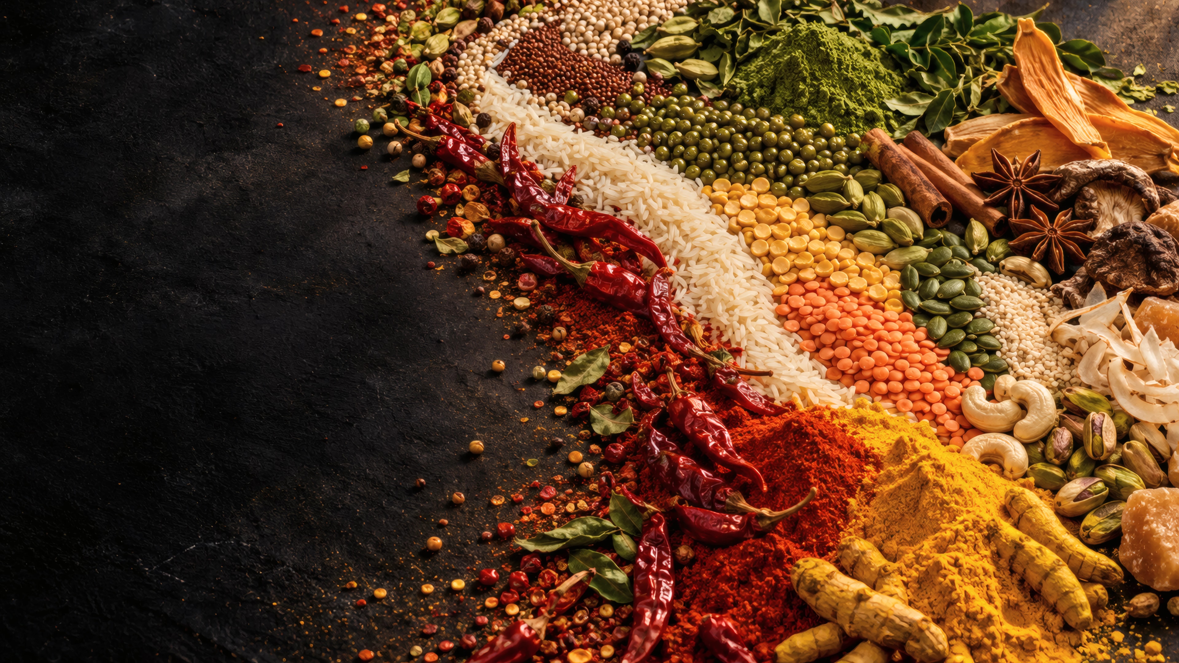 Vibrant rice, lentils, chillies, turmeric, seeds, nuts and botanical ingredients arranged on dark slate